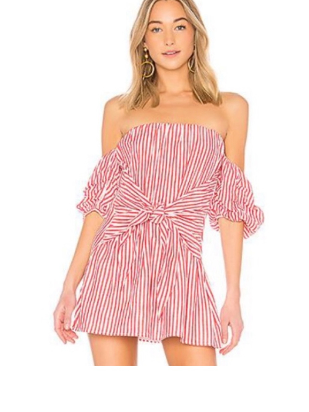 Lovers + Friends Red & White Striped Off-Shoulder Mini Dress with Front Tie